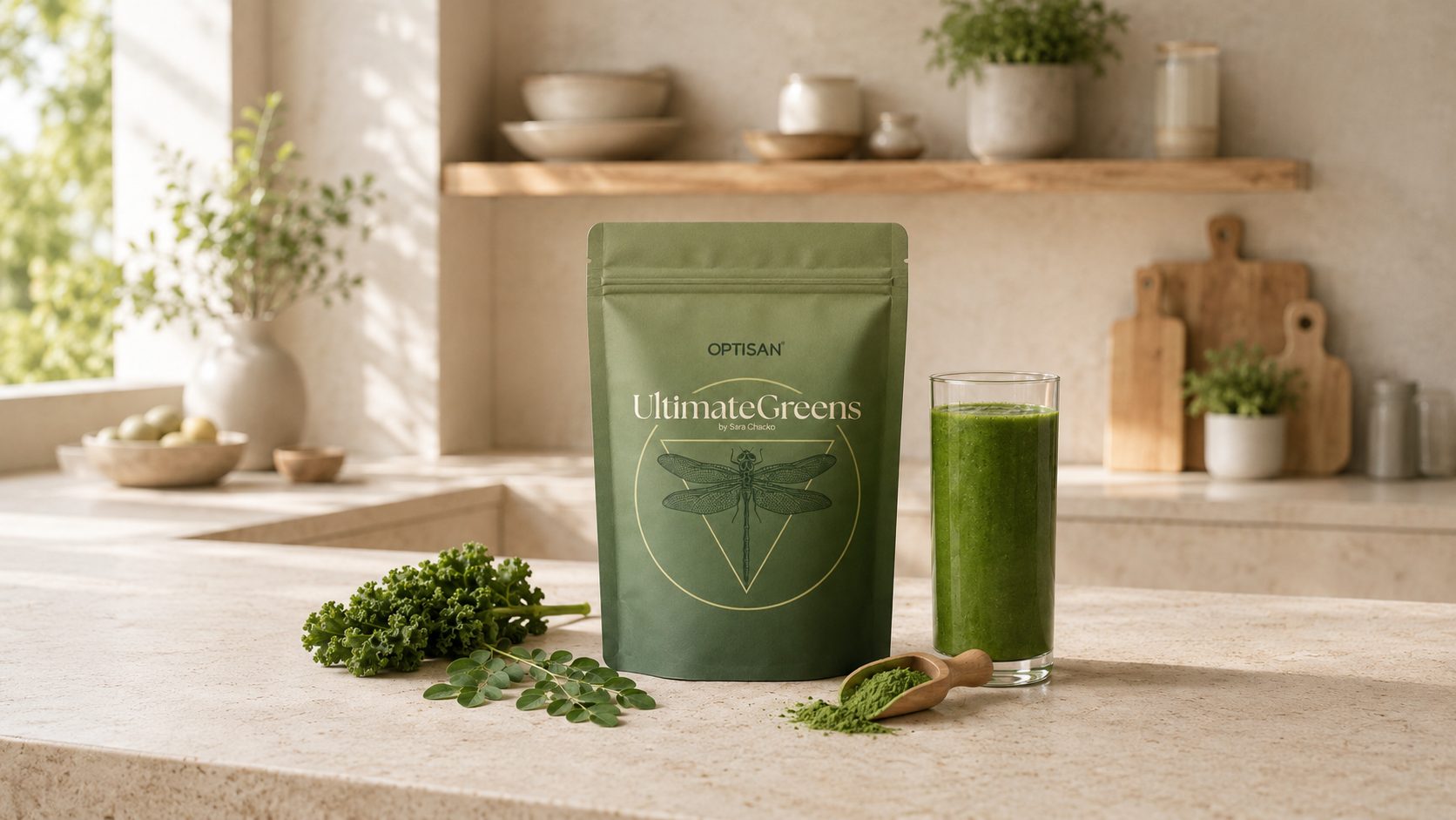 Ultimate Greens in a kitchen setting